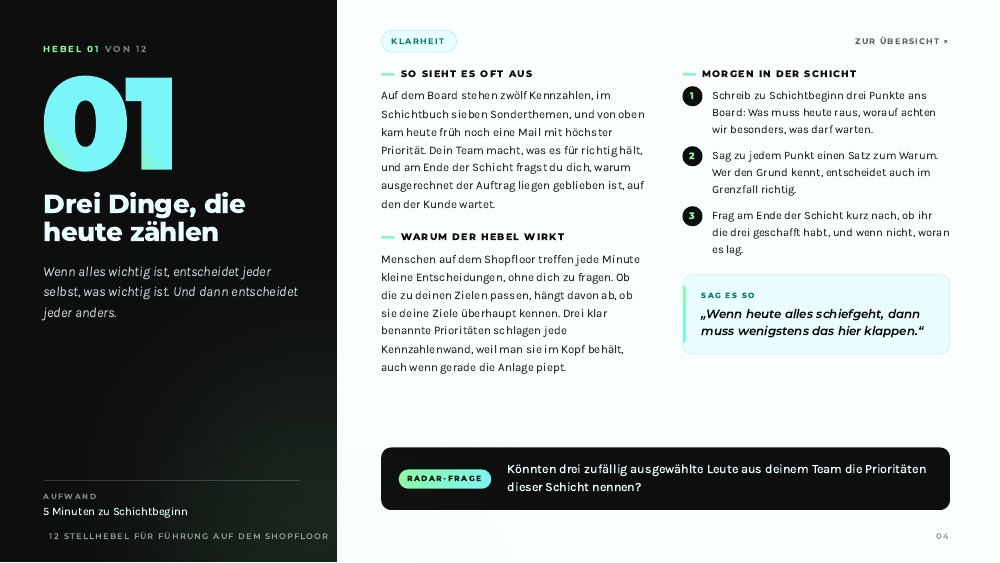 Beispielseite: Hebel 01, Drei Dinge, die heute zählen